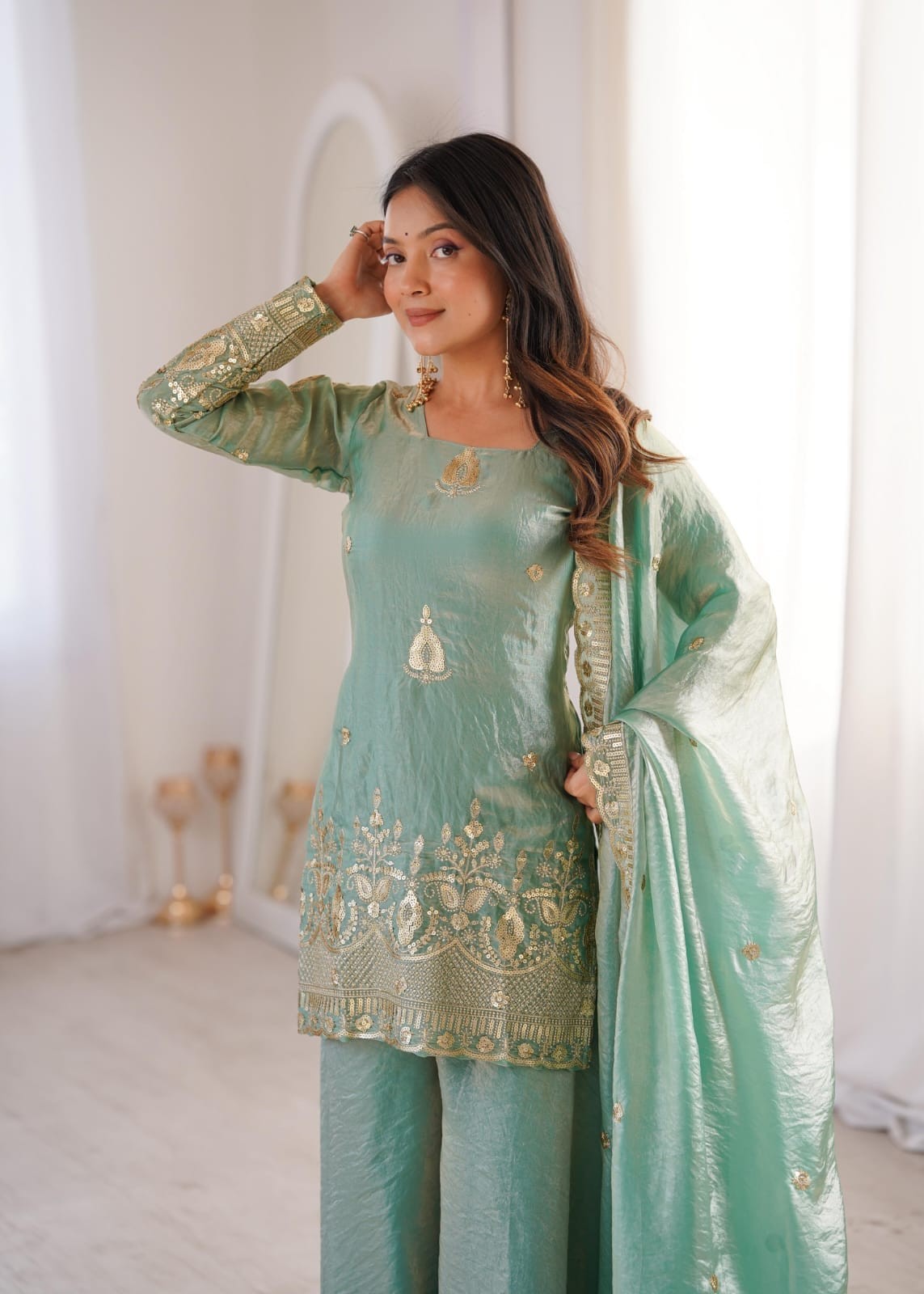 Fendy Silk Embroidered Sequence Work Straight Salwar Set